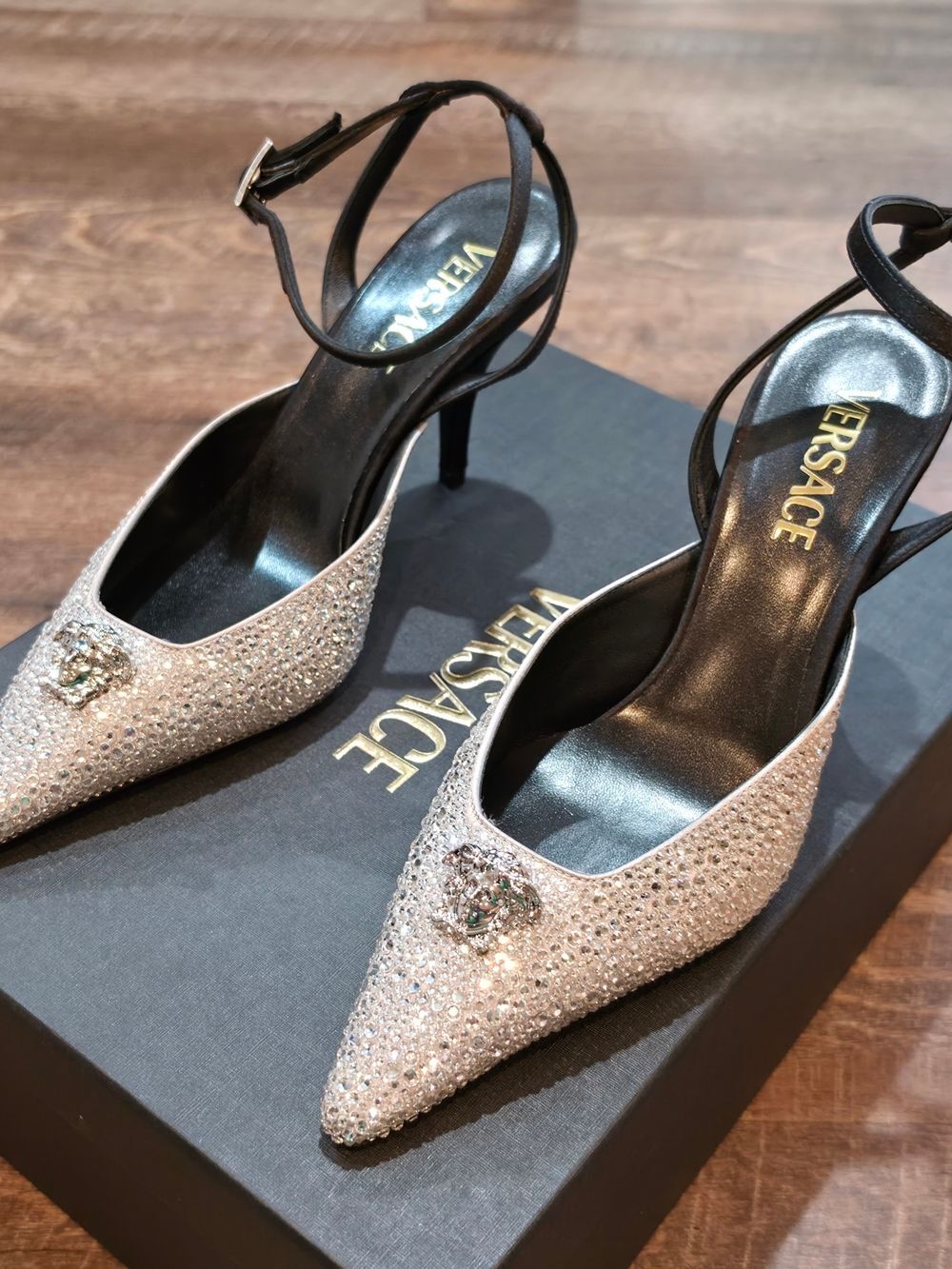 Versace La Medussa Nero and Crystal Pointed Slingback Heels Palladio Raso Strass